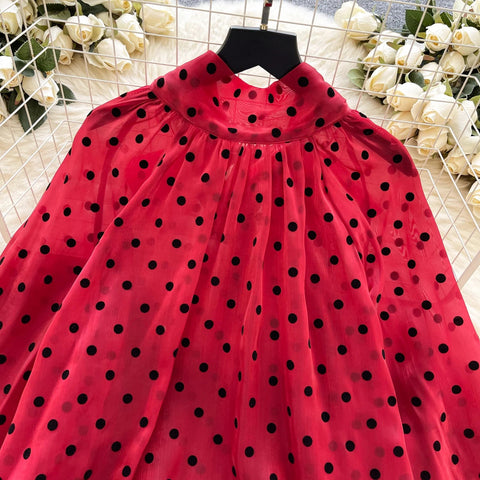 Vintage Polka Dot Tops Puff Sleeve Bow Lace Up Design Blouses - American Thistle Vintage Polka Dot Tops Puff Sleeve Bow Lace Up Design Blouses