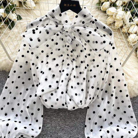 Vintage Polka Dot Tops Puff Sleeve Bow Lace Up Design Blouses - American Thistle Vintage Polka Dot Tops Puff Sleeve Bow Lace Up Design Blouses