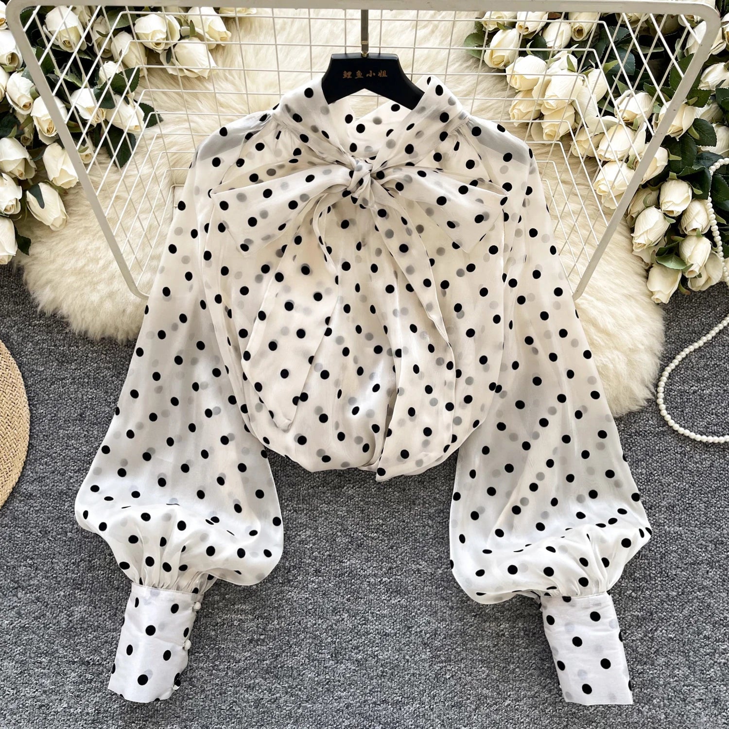 Vintage Polka Dot Tops Puff Sleeve Bow Lace Up Design Blouses - American Thistle Vintage Polka Dot Tops Puff Sleeve Bow Lace Up Design Blouses