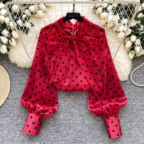 Vintage Polka Dot Tops Puff Sleeve Bow Lace Up Design Blouses - American Thistle Vintage Polka Dot Tops Puff Sleeve Bow Lace Up Design Blouses