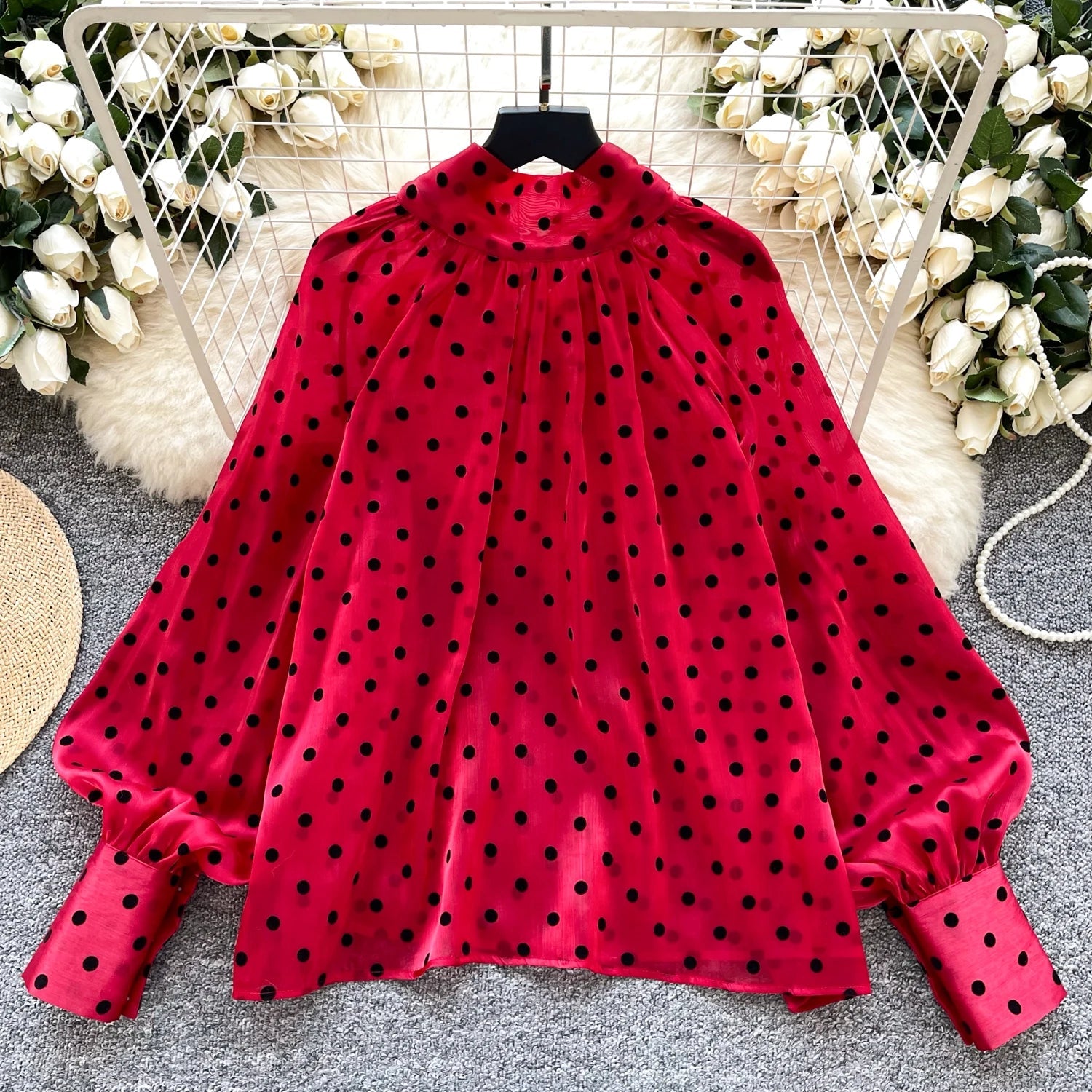 Vintage Polka Dot Tops Puff Sleeve Bow Lace Up Design Blouses - American Thistle Vintage Polka Dot Tops Puff Sleeve Bow Lace Up Design Blouses