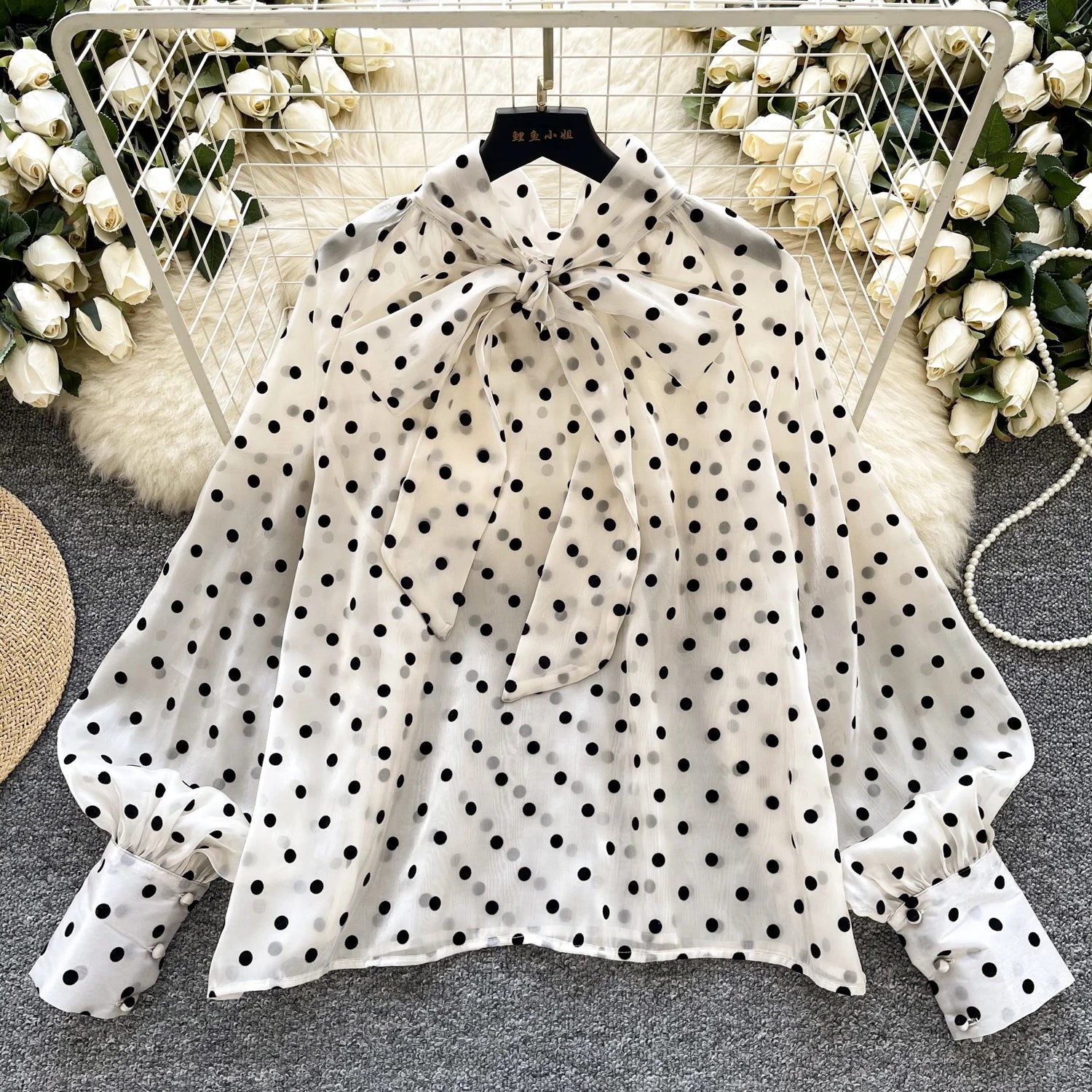 Vintage Polka Dot Tops Puff Sleeve Bow Lace Up Design Blouses - American Thistle Vintage Polka Dot Tops Puff Sleeve Bow Lace Up Design Blouses
