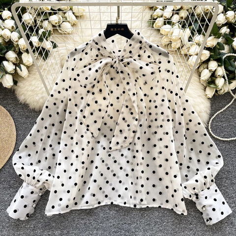 Vintage Polka Dot Tops Puff Sleeve Bow Lace Up Design Blouses - American Thistle Vintage Polka Dot Tops Puff Sleeve Bow Lace Up Design Blouses