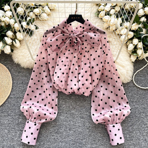 Vintage Polka Dot Tops Puff Sleeve Bow Lace Up Design Blouses - American Thistle Vintage Polka Dot Tops Puff Sleeve Bow Lace Up Design Blouses