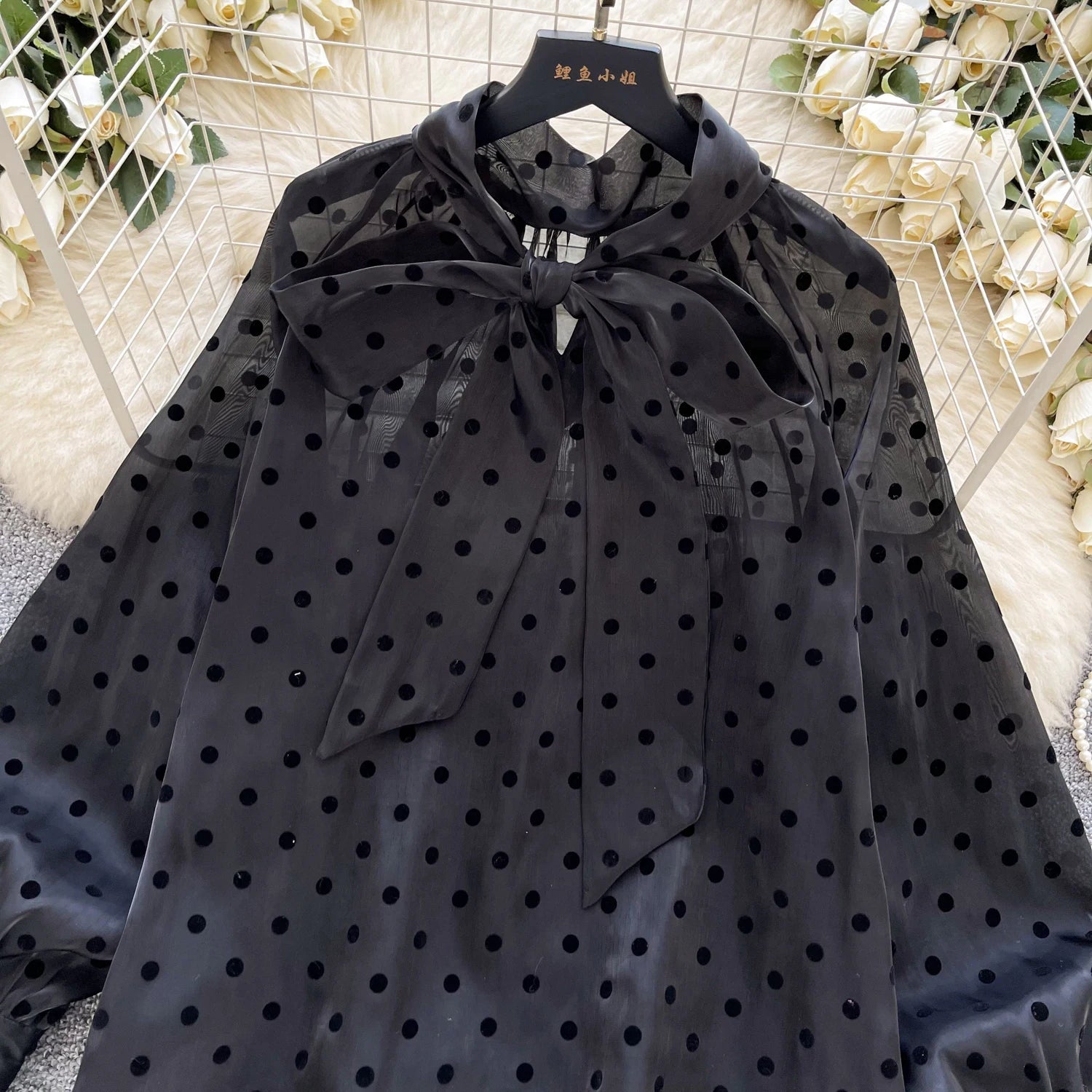 Vintage Polka Dot Tops Puff Sleeve Bow Lace Up Design Blouses - American Thistle Vintage Polka Dot Tops Puff Sleeve Bow Lace Up Design Blouses