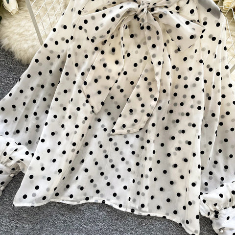 Vintage Polka Dot Tops Puff Sleeve Bow Lace Up Design Blouses - American Thistle Vintage Polka Dot Tops Puff Sleeve Bow Lace Up Design Blouses