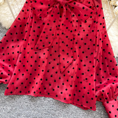 Vintage Polka Dot Tops Puff Sleeve Bow Lace Up Design Blouses - American Thistle Vintage Polka Dot Tops Puff Sleeve Bow Lace Up Design Blouses