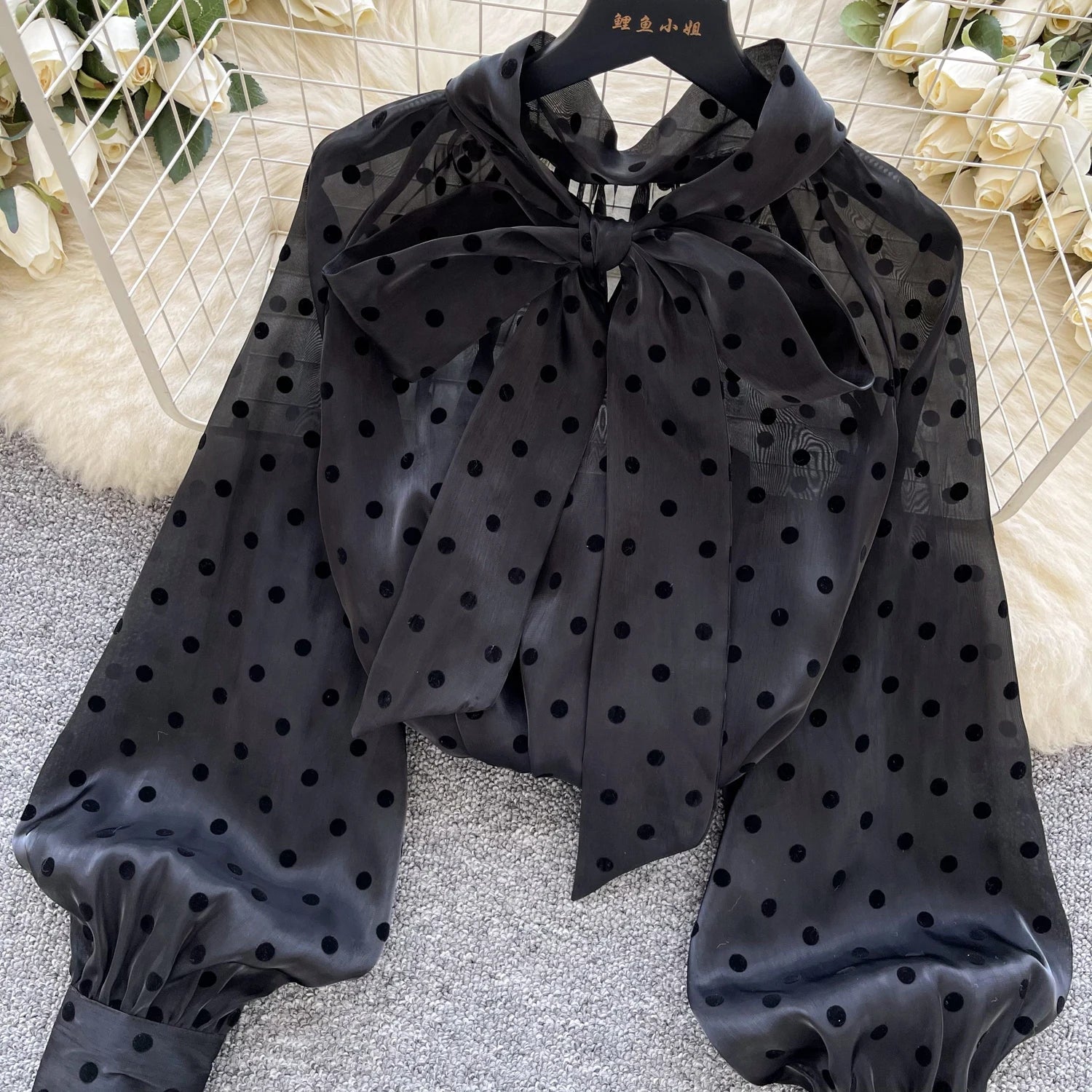 Vintage Polka Dot Tops Puff Sleeve Bow Lace Up Design Blouses - American Thistle Vintage Polka Dot Tops Puff Sleeve Bow Lace Up Design Blouses