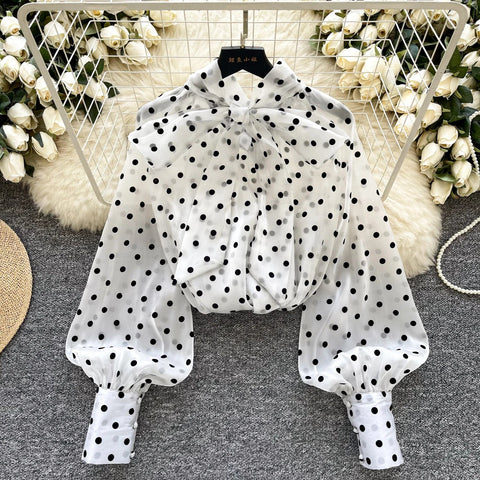 Vintage Polka Dot Tops Puff Sleeve Bow Lace Up Design Blouses - American Thistle Vintage Polka Dot Tops Puff Sleeve Bow Lace Up Design Blouses