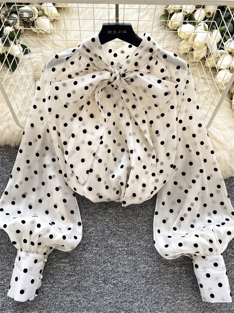 Vintage Polka Dot Tops Puff Sleeve Bow Lace Up Design Blouses - American Thistle Vintage Polka Dot Tops Puff Sleeve Bow Lace Up Design Blouses