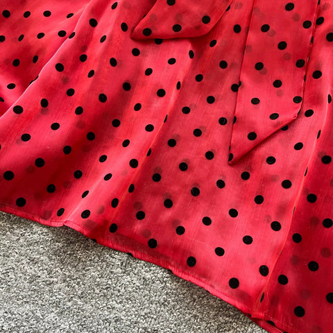 Vintage Polka Dot Tops Puff Sleeve Bow Lace Up Design Blouses - American Thistle Vintage Polka Dot Tops Puff Sleeve Bow Lace Up Design Blouses