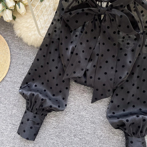 Vintage Polka Dot Tops Puff Sleeve Bow Lace Up Design Blouses - American Thistle Vintage Polka Dot Tops Puff Sleeve Bow Lace Up Design Blouses