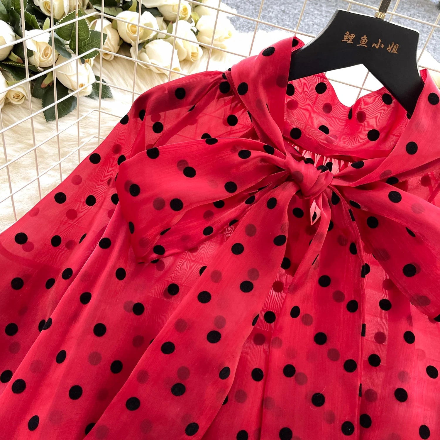 Vintage Polka Dot Tops Puff Sleeve Bow Lace Up Design Blouses - American Thistle Vintage Polka Dot Tops Puff Sleeve Bow Lace Up Design Blouses