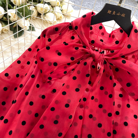 Vintage Polka Dot Tops Puff Sleeve Bow Lace Up Design Blouses - American Thistle Vintage Polka Dot Tops Puff Sleeve Bow Lace Up Design Blouses