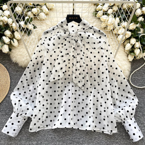 Vintage Polka Dot Tops Puff Sleeve Bow Lace Up Design Blouses - American Thistle Vintage Polka Dot Tops Puff Sleeve Bow Lace Up Design Blouses