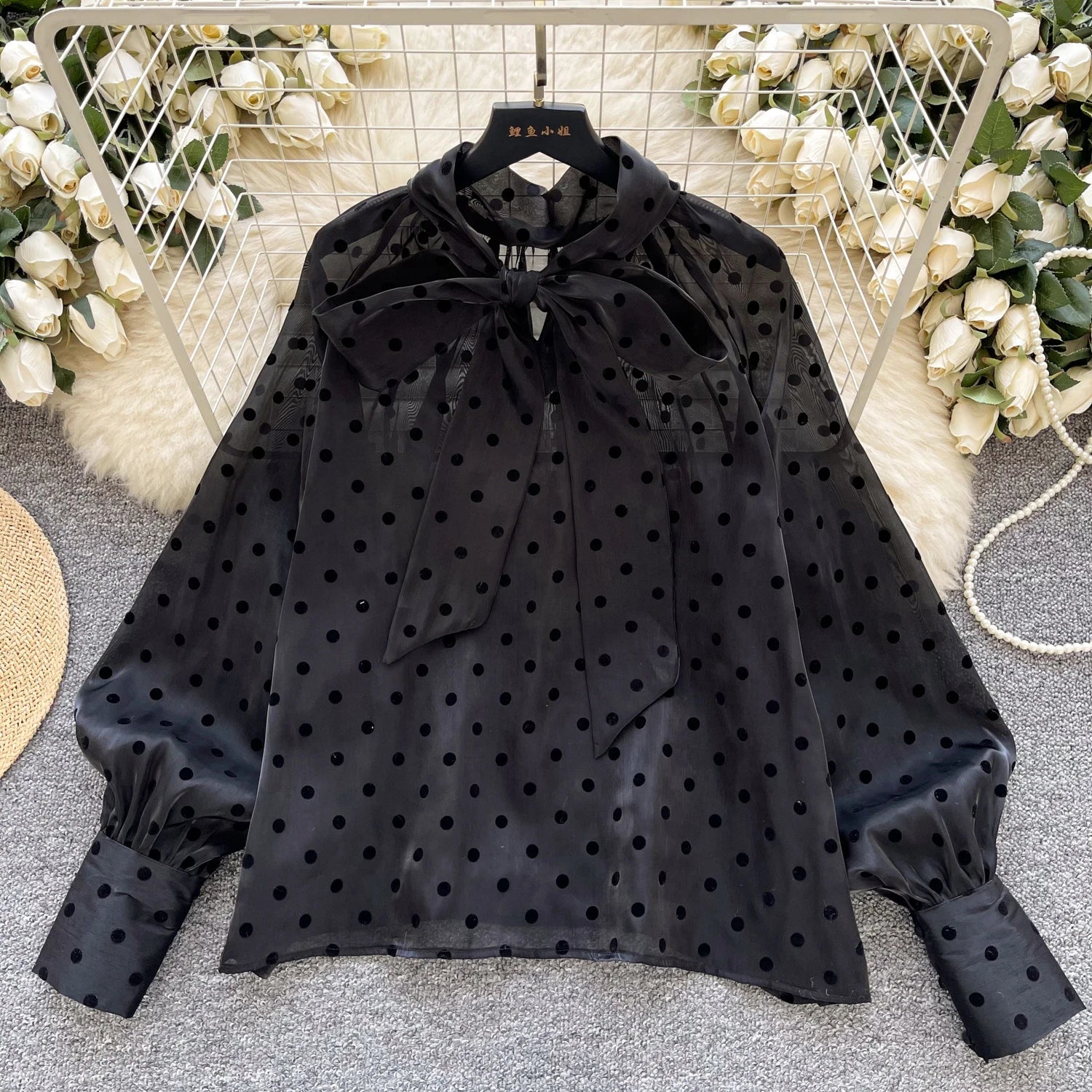 Vintage Polka Dot Tops Puff Sleeve Bow Lace Up Design Blouses - American Thistle Vintage Polka Dot Tops Puff Sleeve Bow Lace Up Design Blouses