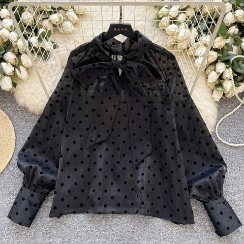 Vintage Polka Dot Tops Puff Sleeve Bow Lace Up Design Blouses - American Thistle Vintage Polka Dot Tops Puff Sleeve Bow Lace Up Design Blouses