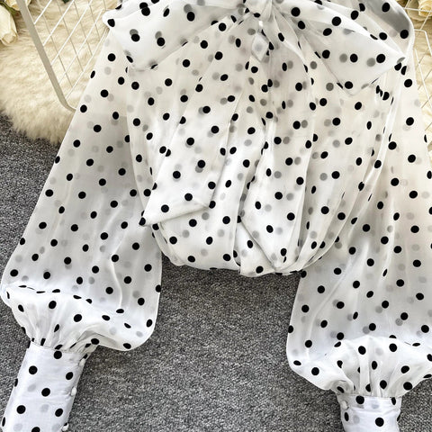 Vintage Polka Dot Tops Puff Sleeve Bow Lace Up Design Blouses - American Thistle Vintage Polka Dot Tops Puff Sleeve Bow Lace Up Design Blouses