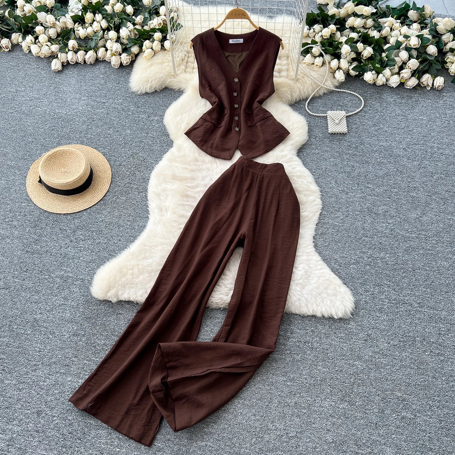 Vintage Solid Two Piece Suits V Neck Single Breasted Slim Tops with High Waist Long Pants - American Thistle Vintage Solid Two Piece Suits V Neck Single Breasted Slim Tops with High Waist Long Pants