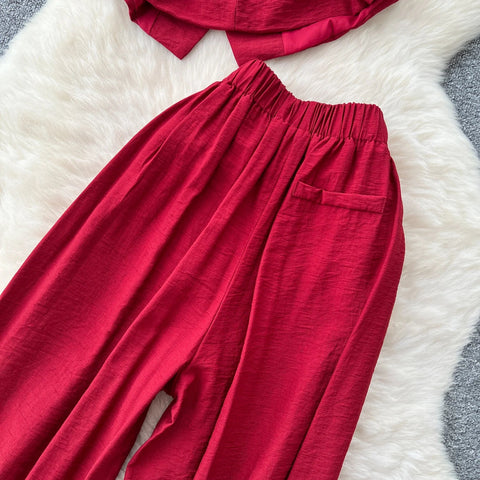 Vintage Solid Two Piece Suits V Neck Single Breasted Slim Tops with High Waist Long Pants - American Thistle Vintage Solid Two Piece Suits V Neck Single Breasted Slim Tops with High Waist Long Pants