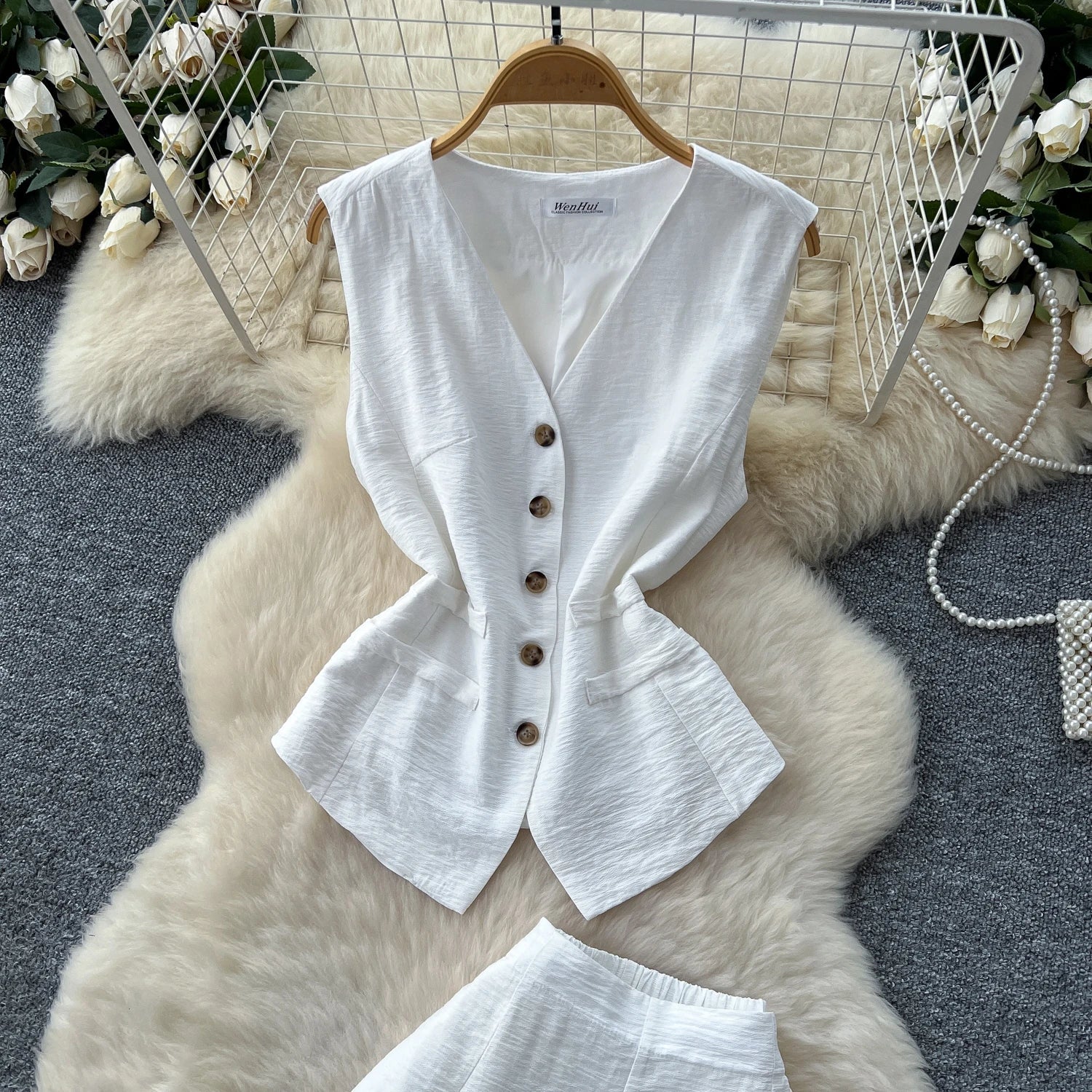 Vintage Solid Two Piece Suits V Neck Single Breasted Slim Tops with High Waist Long Pants - American Thistle Vintage Solid Two Piece Suits V Neck Single Breasted Slim Tops with High Waist Long Pants