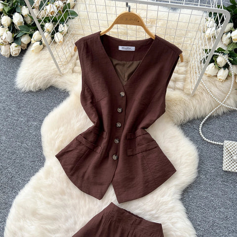 Vintage Solid Two Piece Suits V Neck Single Breasted Slim Tops with High Waist Long Pants - American Thistle Vintage Solid Two Piece Suits V Neck Single Breasted Slim Tops with High Waist Long Pants