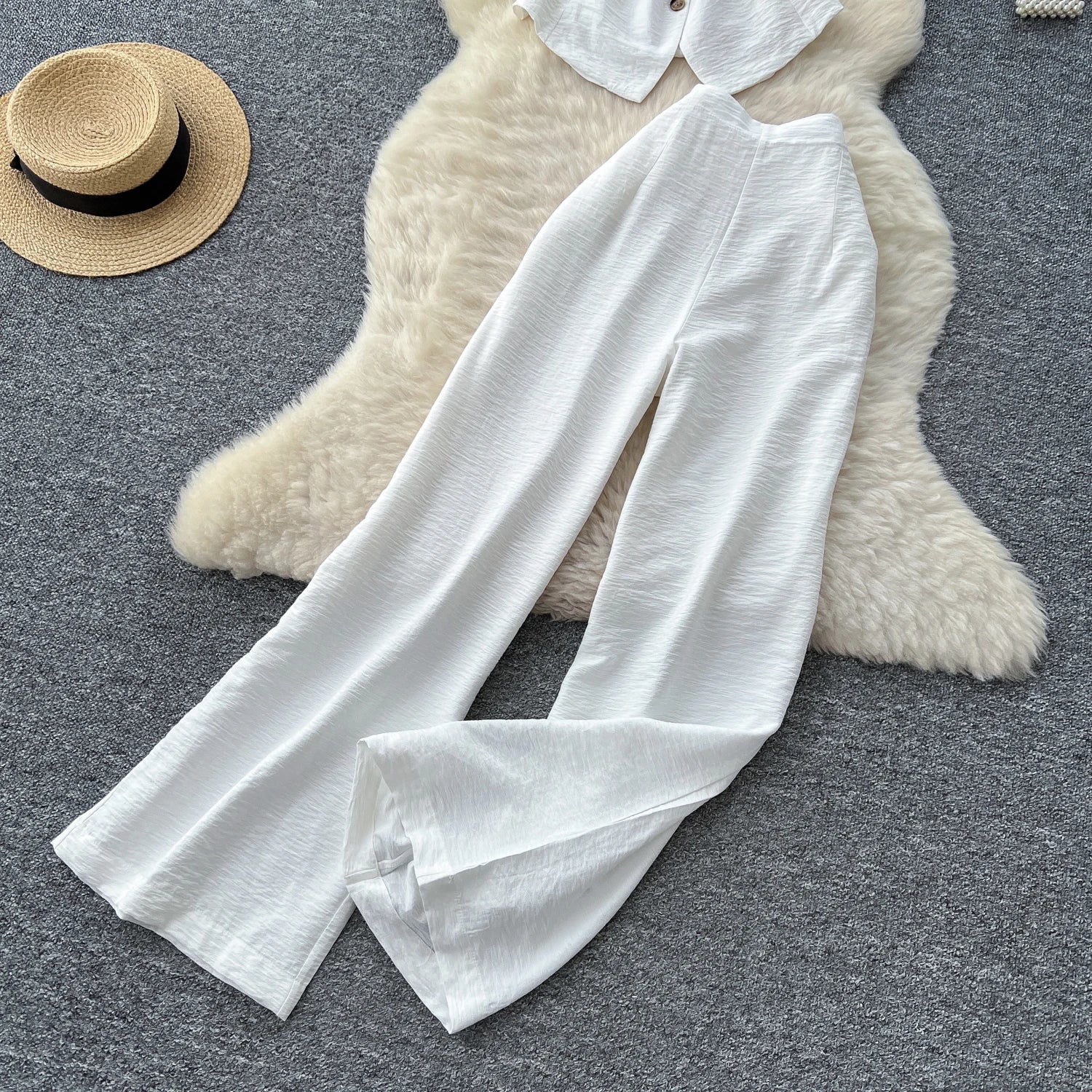 Vintage Solid Two Piece Suits V Neck Single Breasted Slim Tops with High Waist Long Pants - American Thistle Vintage Solid Two Piece Suits V Neck Single Breasted Slim Tops with High Waist Long Pants