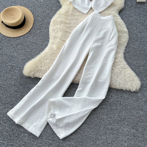 Vintage Solid Two Piece Suits V Neck Single Breasted Slim Tops with High Waist Long Pants - American Thistle Vintage Solid Two Piece Suits V Neck Single Breasted Slim Tops with High Waist Long Pants