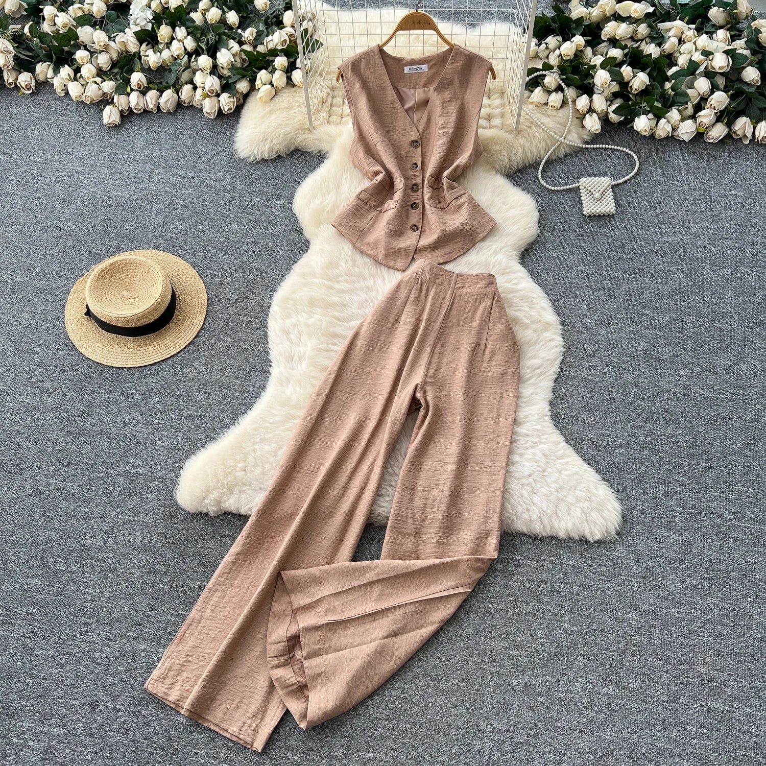 Vintage Solid Two Piece Suits V Neck Single Breasted Slim Tops with High Waist Long Pants - American Thistle Vintage Solid Two Piece Suits V Neck Single Breasted Slim Tops with High Waist Long Pants