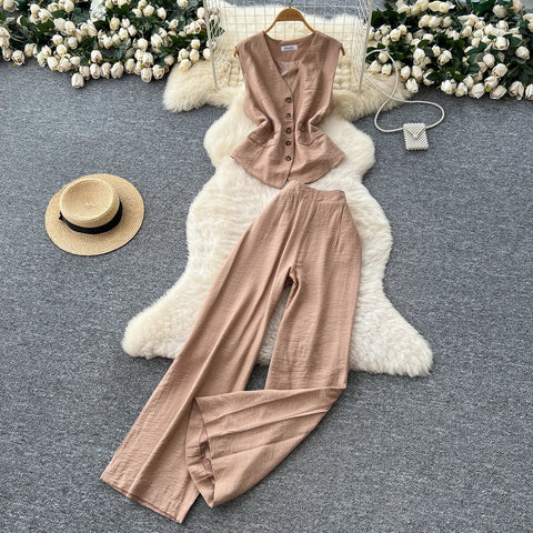 Vintage Solid Two Piece Suits V Neck Single Breasted Slim Tops with High Waist Long Pants - American Thistle Vintage Solid Two Piece Suits V Neck Single Breasted Slim Tops with High Waist Long Pants