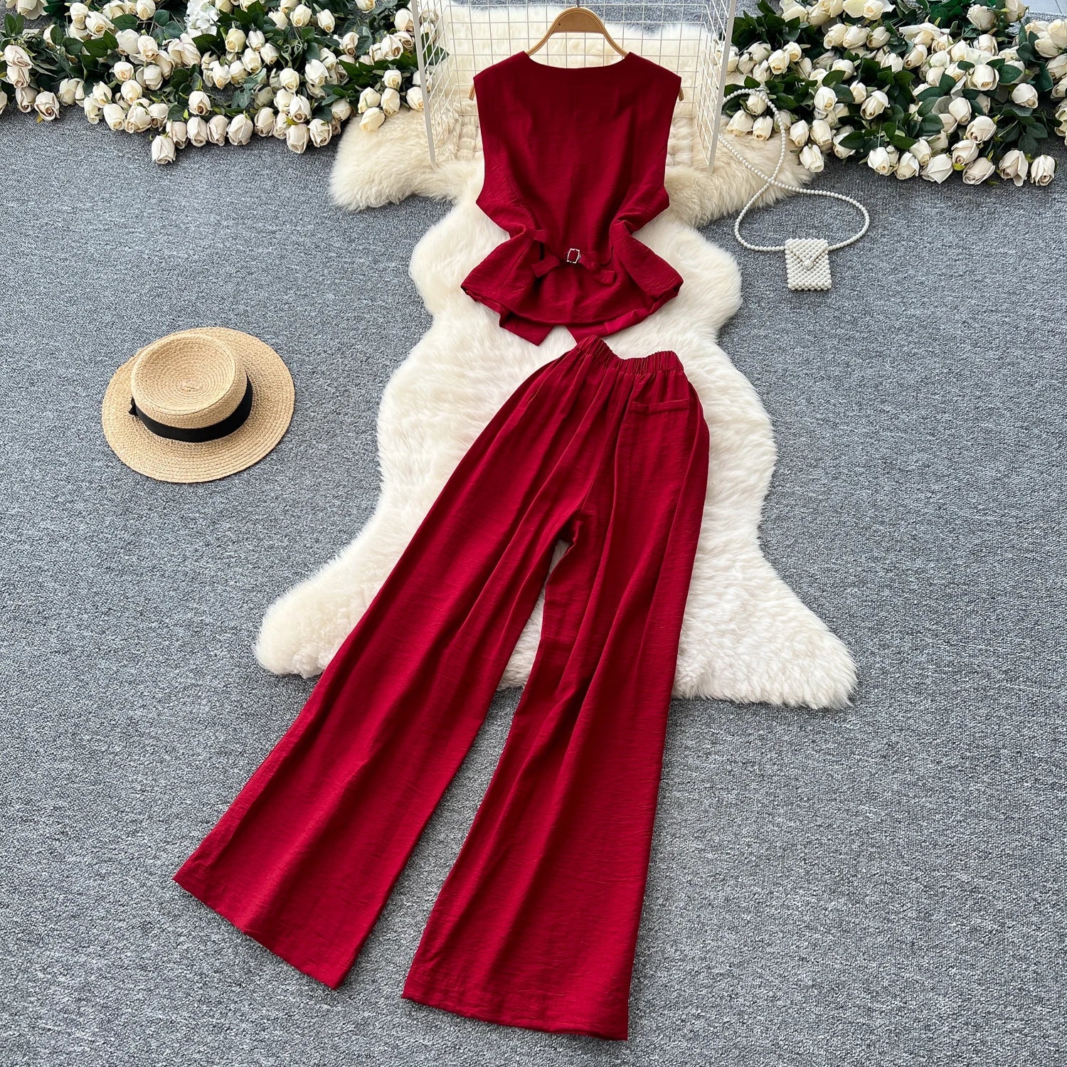 Vintage Solid Two Piece Suits V Neck Single Breasted Slim Tops with High Waist Long Pants - American Thistle Vintage Solid Two Piece Suits V Neck Single Breasted Slim Tops with High Waist Long Pants