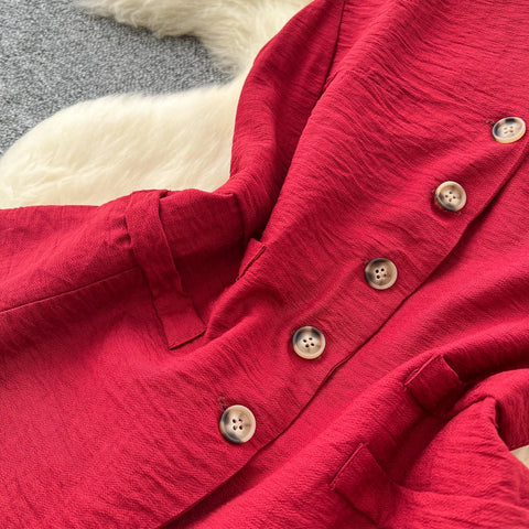 Vintage Solid Two Piece Suits V Neck Single Breasted Slim Tops with High Waist Long Pants - American Thistle Vintage Solid Two Piece Suits V Neck Single Breasted Slim Tops with High Waist Long Pants