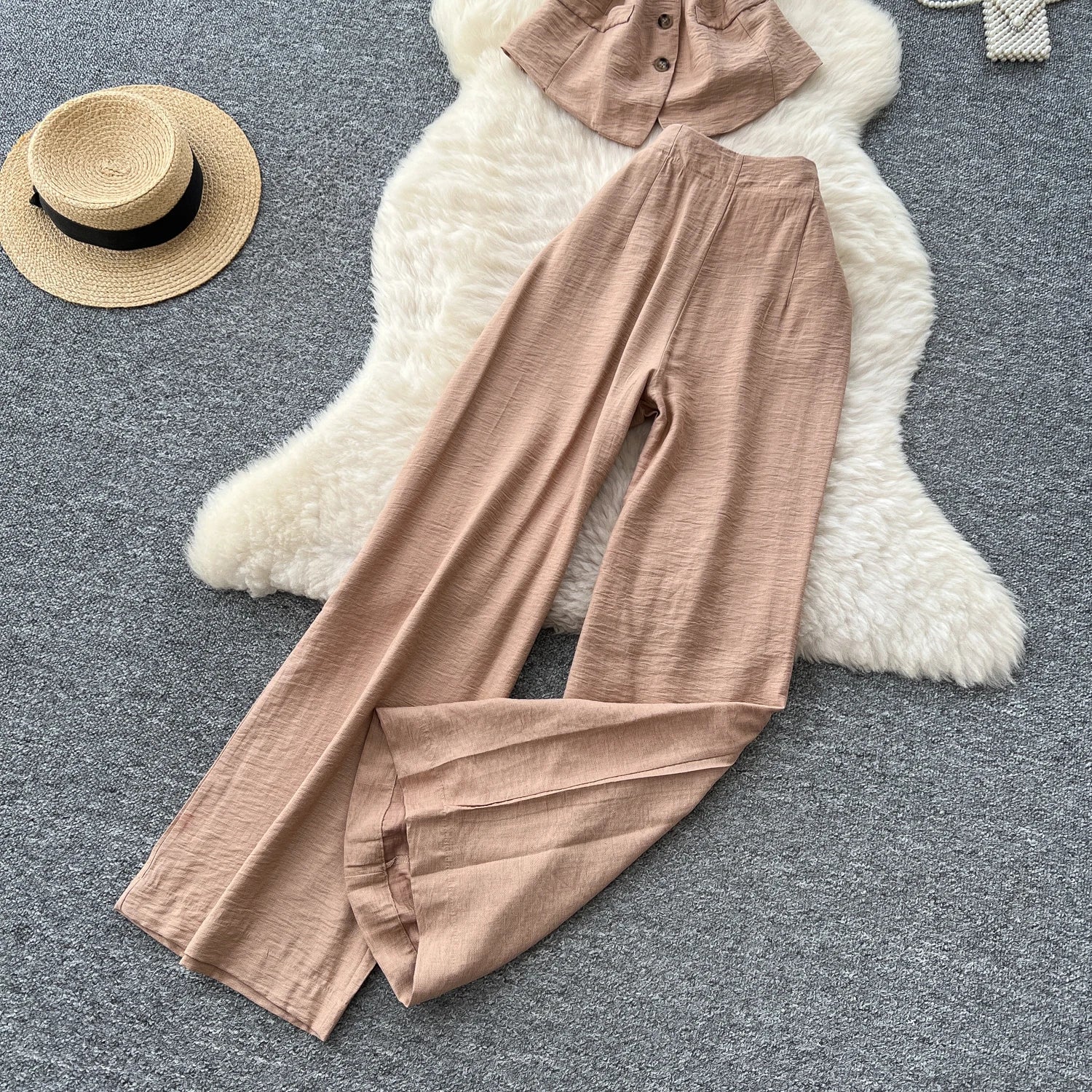 Vintage Solid Two Piece Suits V Neck Single Breasted Slim Tops with High Waist Long Pants - American Thistle Vintage Solid Two Piece Suits V Neck Single Breasted Slim Tops with High Waist Long Pants