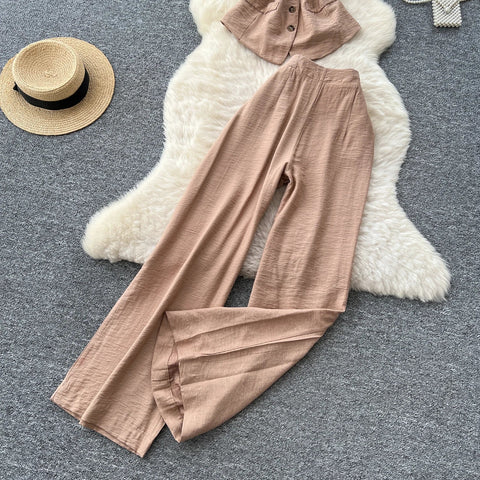 Vintage Solid Two Piece Suits V Neck Single Breasted Slim Tops with High Waist Long Pants - American Thistle Vintage Solid Two Piece Suits V Neck Single Breasted Slim Tops with High Waist Long Pants