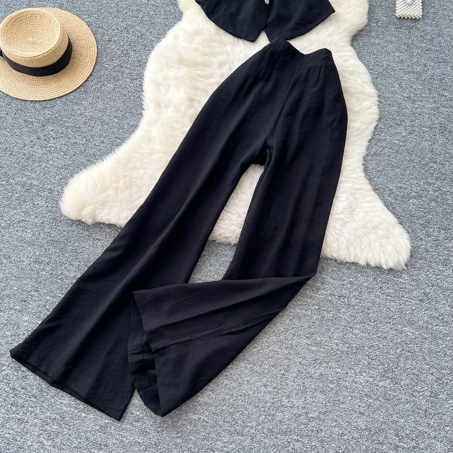 Vintage Solid Two Piece Suits V Neck Single Breasted Slim Tops with High Waist Long Pants - American Thistle Vintage Solid Two Piece Suits V Neck Single Breasted Slim Tops with High Waist Long Pants