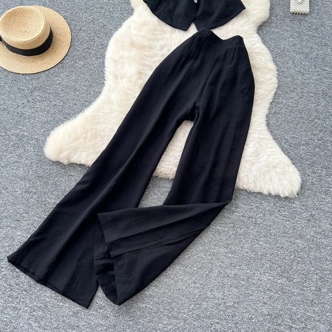 Vintage Solid Two Piece Suits V Neck Single Breasted Slim Tops with High Waist Long Pants - American Thistle Vintage Solid Two Piece Suits V Neck Single Breasted Slim Tops with High Waist Long Pants