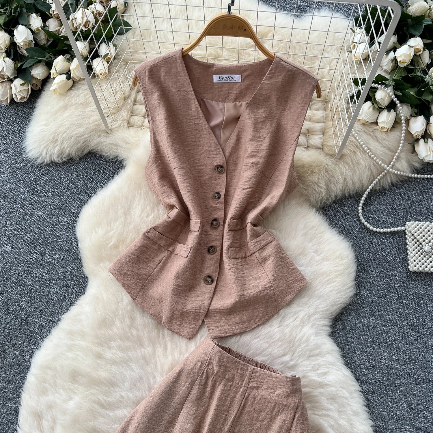 Vintage Solid Two Piece Suits V Neck Single Breasted Slim Tops with High Waist Long Pants - American Thistle Vintage Solid Two Piece Suits V Neck Single Breasted Slim Tops with High Waist Long Pants