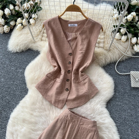 Vintage Solid Two Piece Suits V Neck Single Breasted Slim Tops with High Waist Long Pants - American Thistle Vintage Solid Two Piece Suits V Neck Single Breasted Slim Tops with High Waist Long Pants