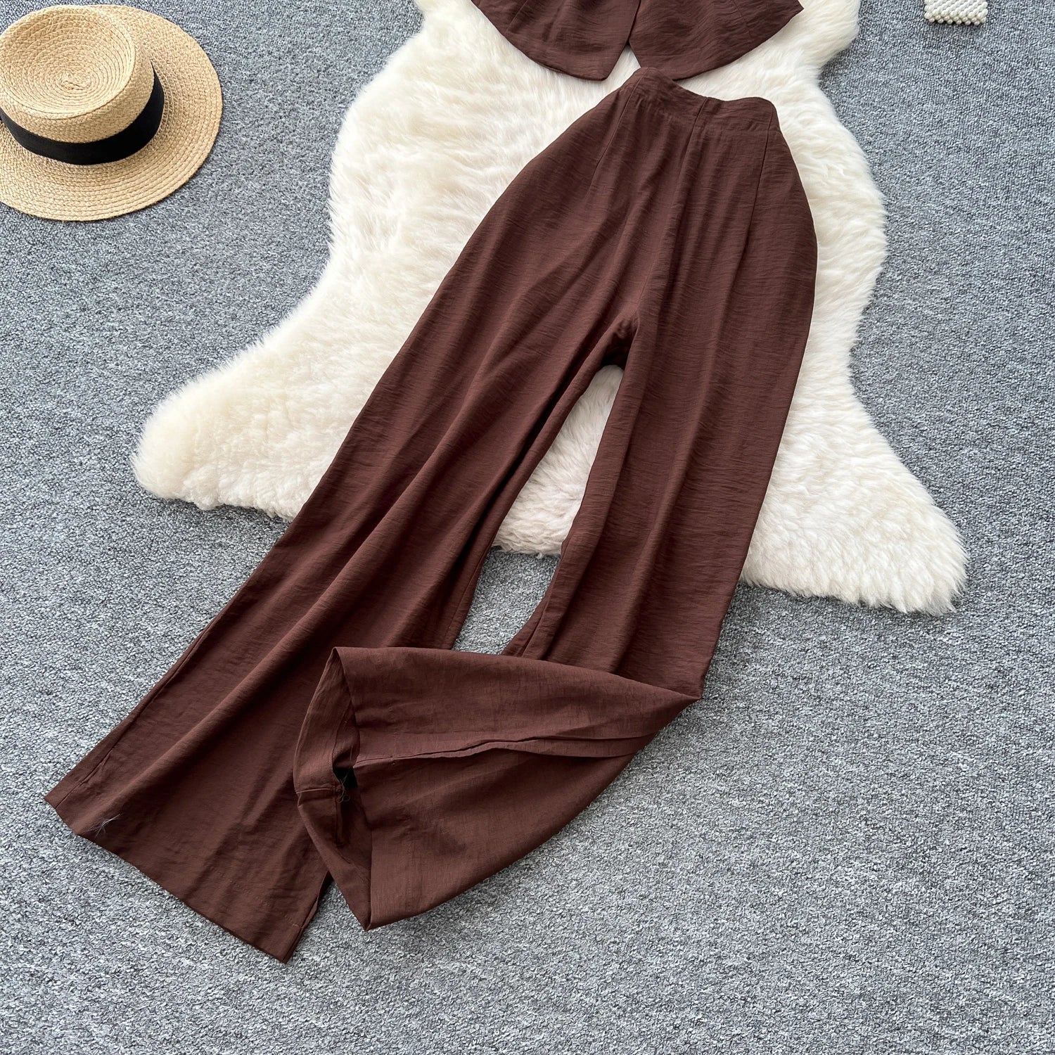 Vintage Solid Two Piece Suits V Neck Single Breasted Slim Tops with High Waist Long Pants - American Thistle Vintage Solid Two Piece Suits V Neck Single Breasted Slim Tops with High Waist Long Pants