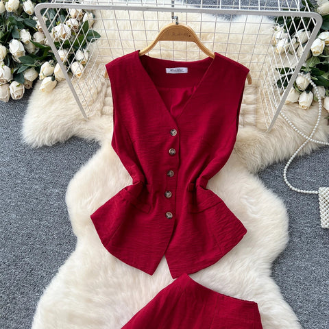 Vintage Solid Two Piece Suits V Neck Single Breasted Slim Tops with High Waist Long Pants - American Thistle Vintage Solid Two Piece Suits V Neck Single Breasted Slim Tops with High Waist Long Pants