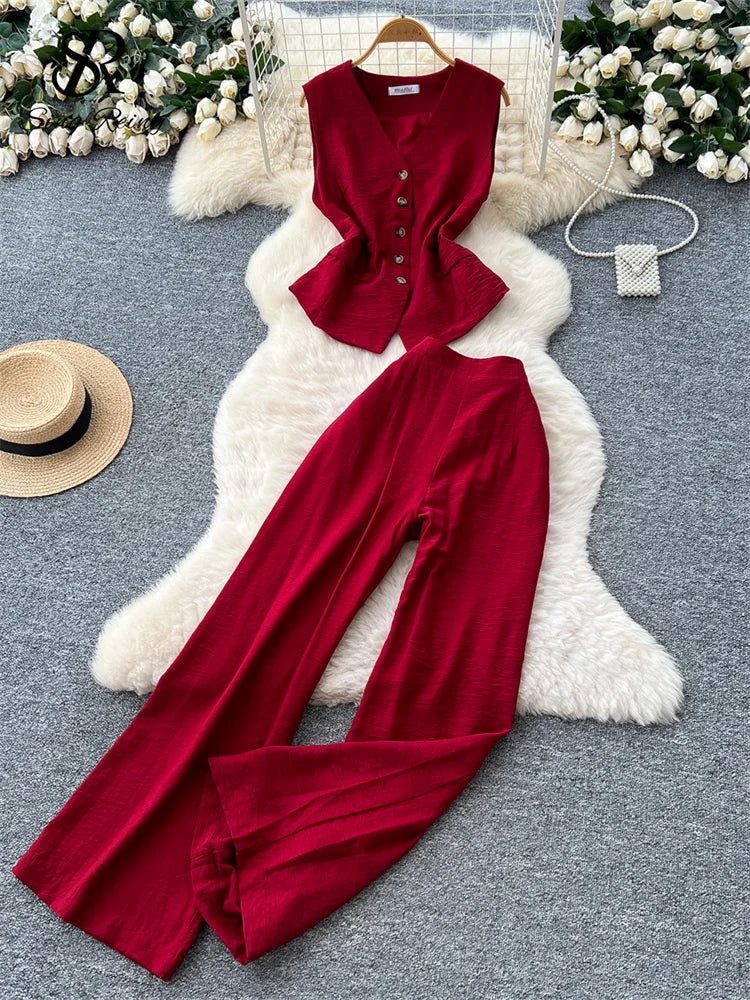 Vintage Solid Two Piece Suits V Neck Single Breasted Slim Tops with High Waist Long Pants - American Thistle Vintage Solid Two Piece Suits V Neck Single Breasted Slim Tops with High Waist Long Pants