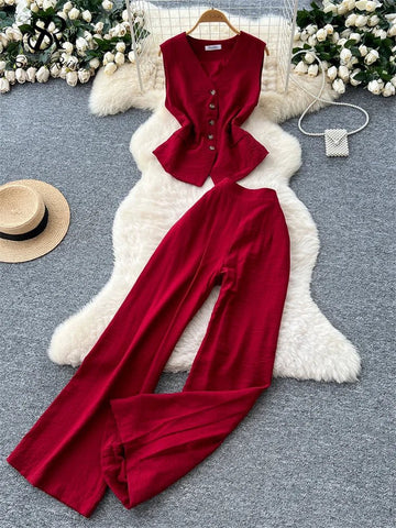 Vintage Solid Two Piece Suits V Neck Single Breasted Slim Tops with High Waist Long Pants - American Thistle Vintage Solid Two Piece Suits V Neck Single Breasted Slim Tops with High Waist Long Pants