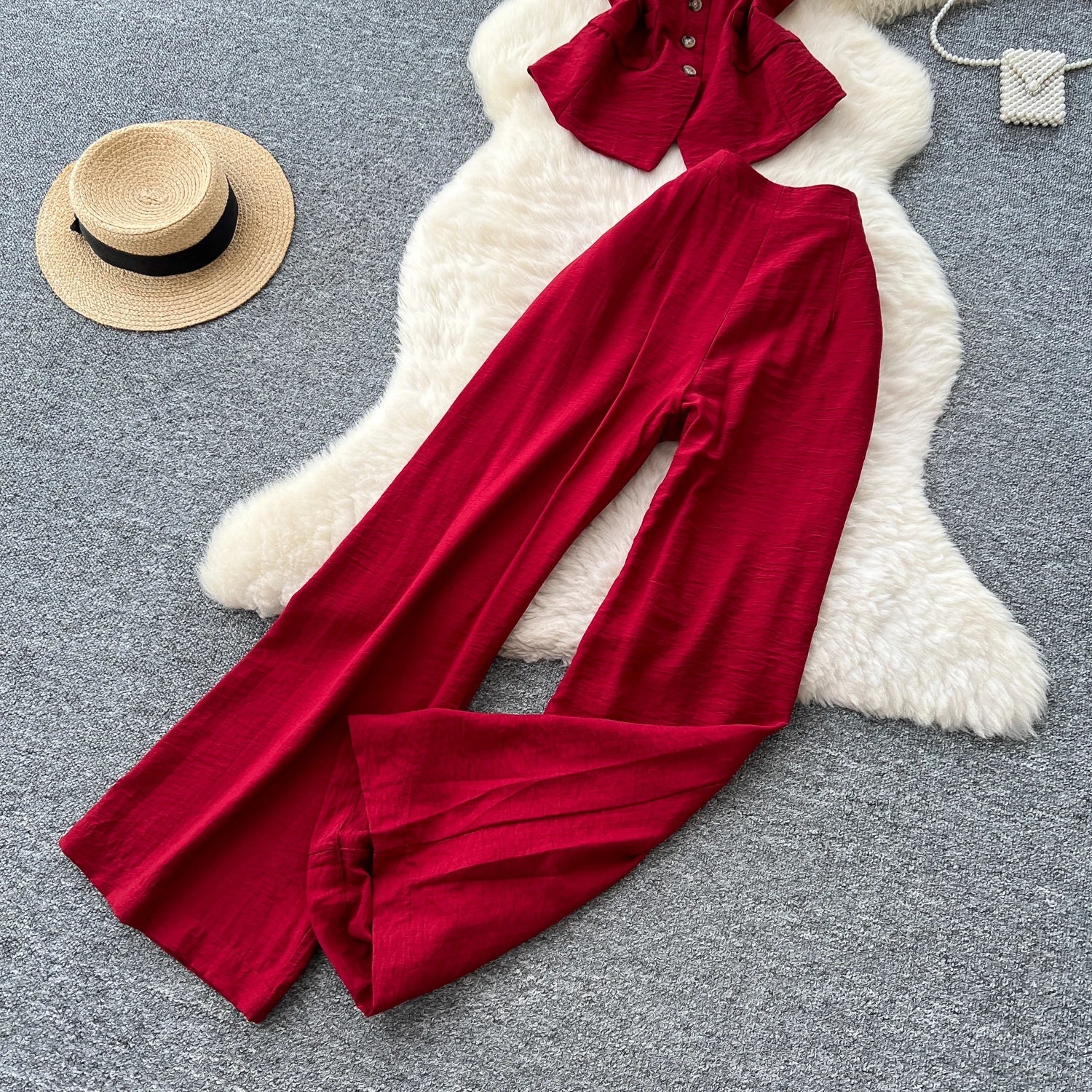 Vintage Solid Two Piece Suits V Neck Single Breasted Slim Tops with High Waist Long Pants - American Thistle Vintage Solid Two Piece Suits V Neck Single Breasted Slim Tops with High Waist Long Pants