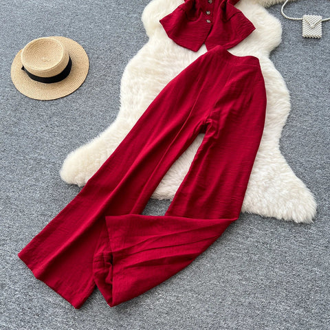 Vintage Solid Two Piece Suits V Neck Single Breasted Slim Tops with High Waist Long Pants - American Thistle Vintage Solid Two Piece Suits V Neck Single Breasted Slim Tops with High Waist Long Pants