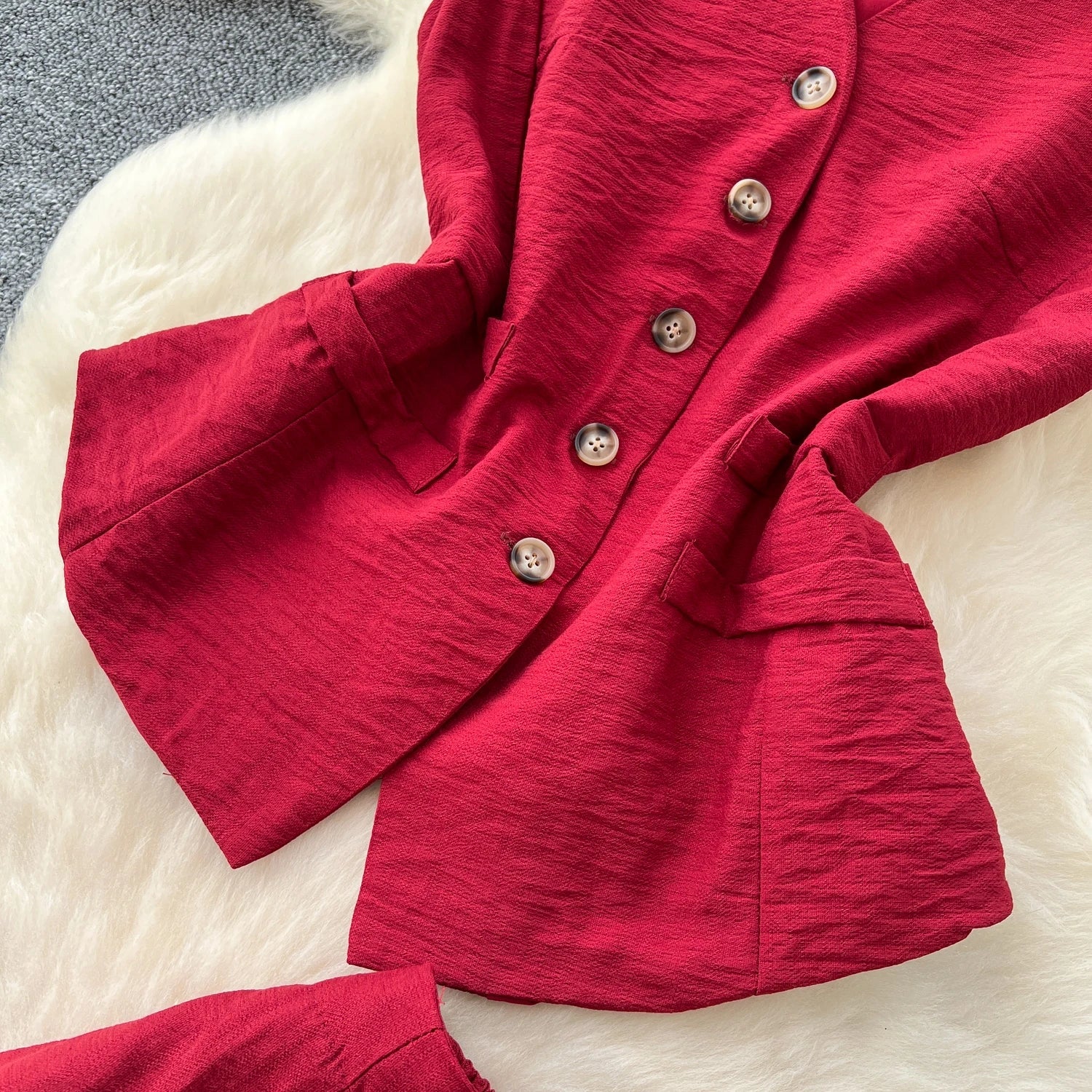 Vintage Solid Two Piece Suits V Neck Single Breasted Slim Tops with High Waist Long Pants - American Thistle Vintage Solid Two Piece Suits V Neck Single Breasted Slim Tops with High Waist Long Pants