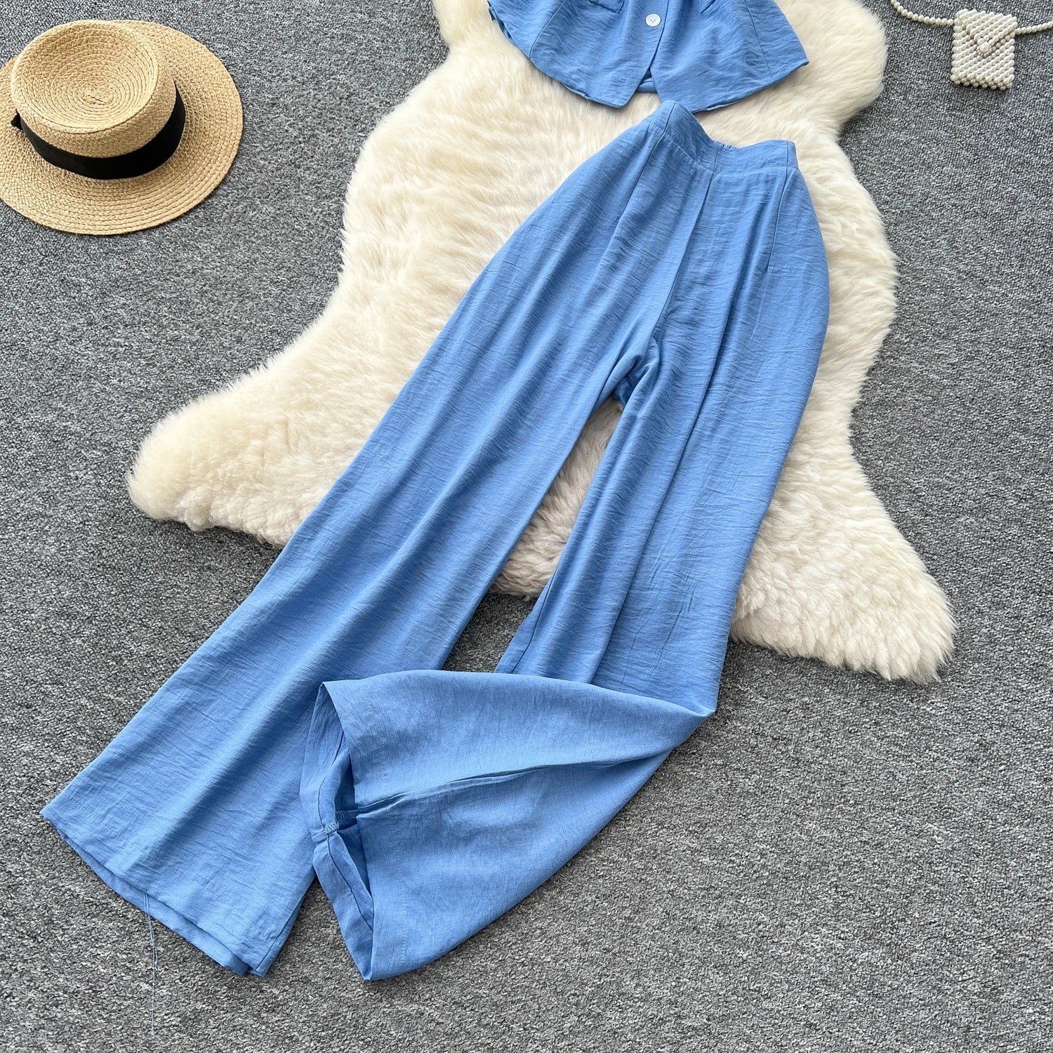 Vintage Solid Two Piece Suits V Neck Single Breasted Slim Tops with High Waist Long Pants - American Thistle Vintage Solid Two Piece Suits V Neck Single Breasted Slim Tops with High Waist Long Pants