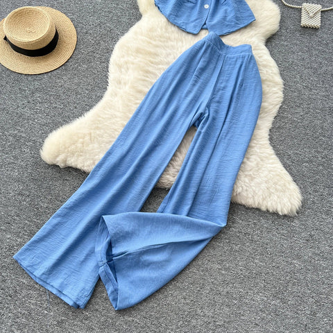 Vintage Solid Two Piece Suits V Neck Single Breasted Slim Tops with High Waist Long Pants - American Thistle Vintage Solid Two Piece Suits V Neck Single Breasted Slim Tops with High Waist Long Pants