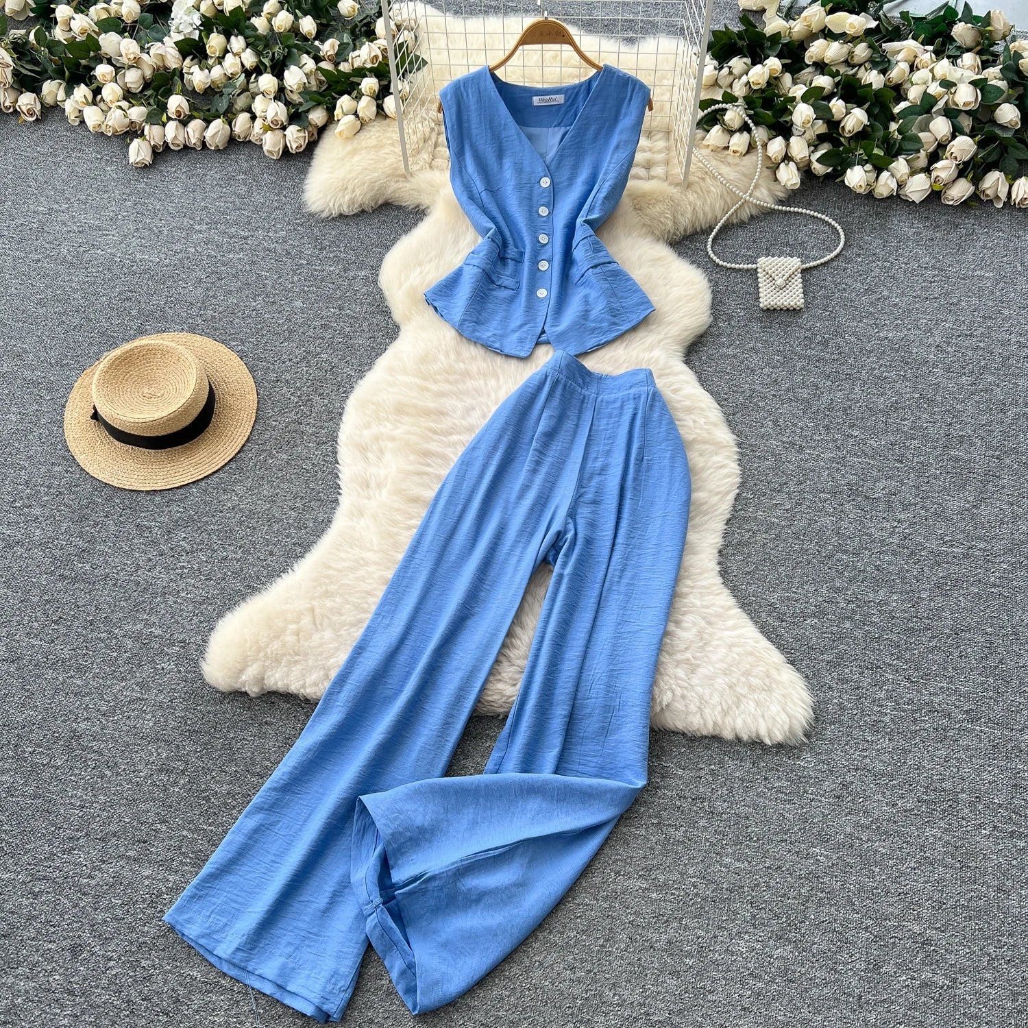 Vintage Solid Two Piece Suits V Neck Single Breasted Slim Tops with High Waist Long Pants - American Thistle Vintage Solid Two Piece Suits V Neck Single Breasted Slim Tops with High Waist Long Pants