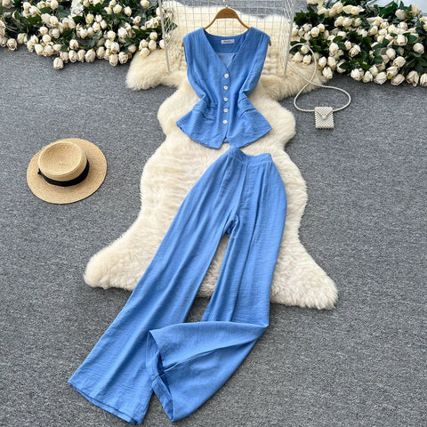 Vintage Solid Two Piece Suits V Neck Single Breasted Slim Tops with High Waist Long Pants - American Thistle Vintage Solid Two Piece Suits V Neck Single Breasted Slim Tops with High Waist Long Pants