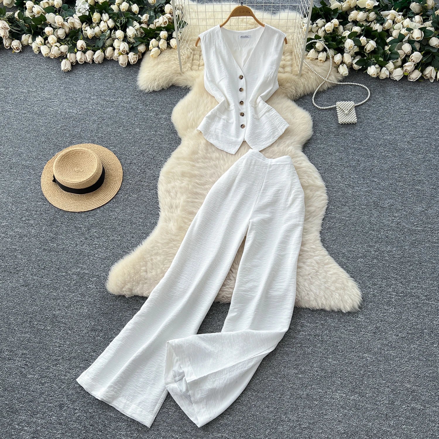 Vintage Solid Two Piece Suits V Neck Single Breasted Slim Tops with High Waist Long Pants - American Thistle Vintage Solid Two Piece Suits V Neck Single Breasted Slim Tops with High Waist Long Pants